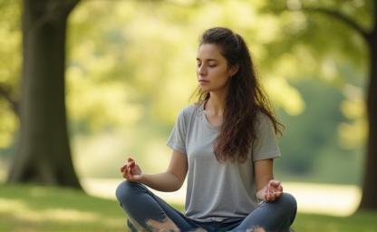 Person practicing mindfulness, sitting calmly outdoors.